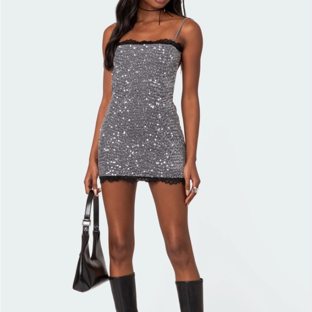 Edikted Sequin Black and Silver Backless Mini Dress